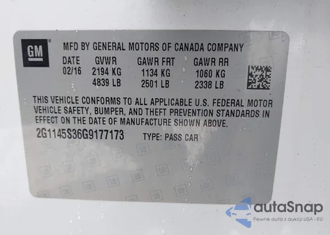 2016 Chevrolet Impala 2Lz из США, поврежденный, VIN 2G1145S36G9177173